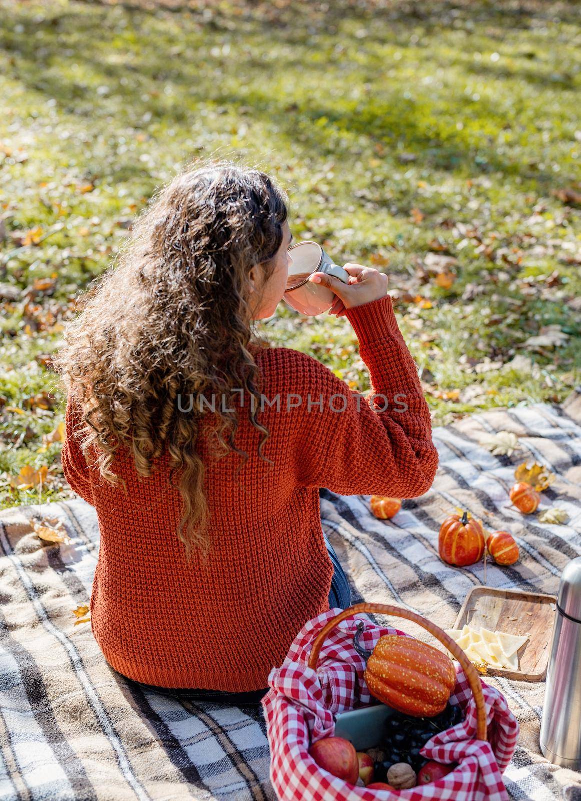 Leisure, free time. Beautiful caucasian woman in red sweater on a picnic outdoors, sitting on a plaid in autumn forest