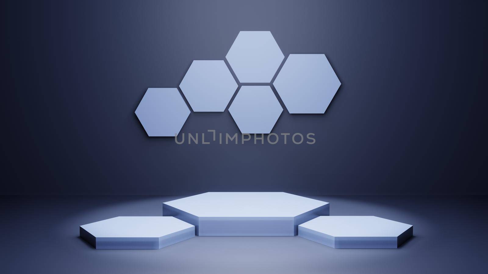 3d blue hexagon podium minimal studio background. Abstract 3d geometric shape object illustration render. Display for technology medical and science product.