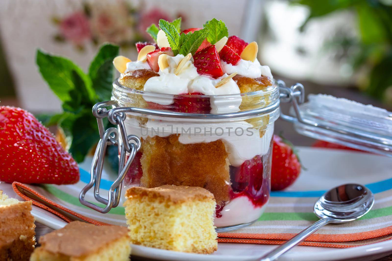 Layered Dessert of chocolate sponge cake, whipped cream or ricotta and fresh strawberries in a glass bowl. Trifle. Delicious gourmet breakfast. by Milanchikov
