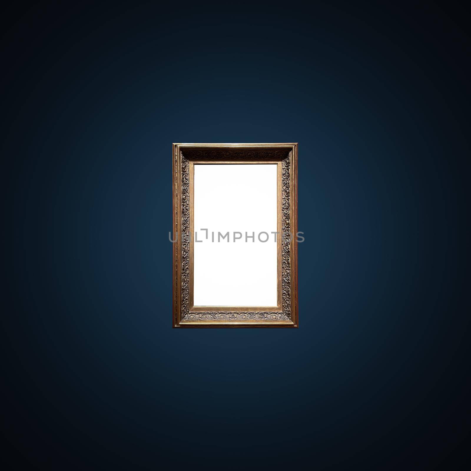 Antique art fair gallery frame on royal blue wall at auction house or museum exhibition, blank template with empty white copyspace for mockup design, artwork concept