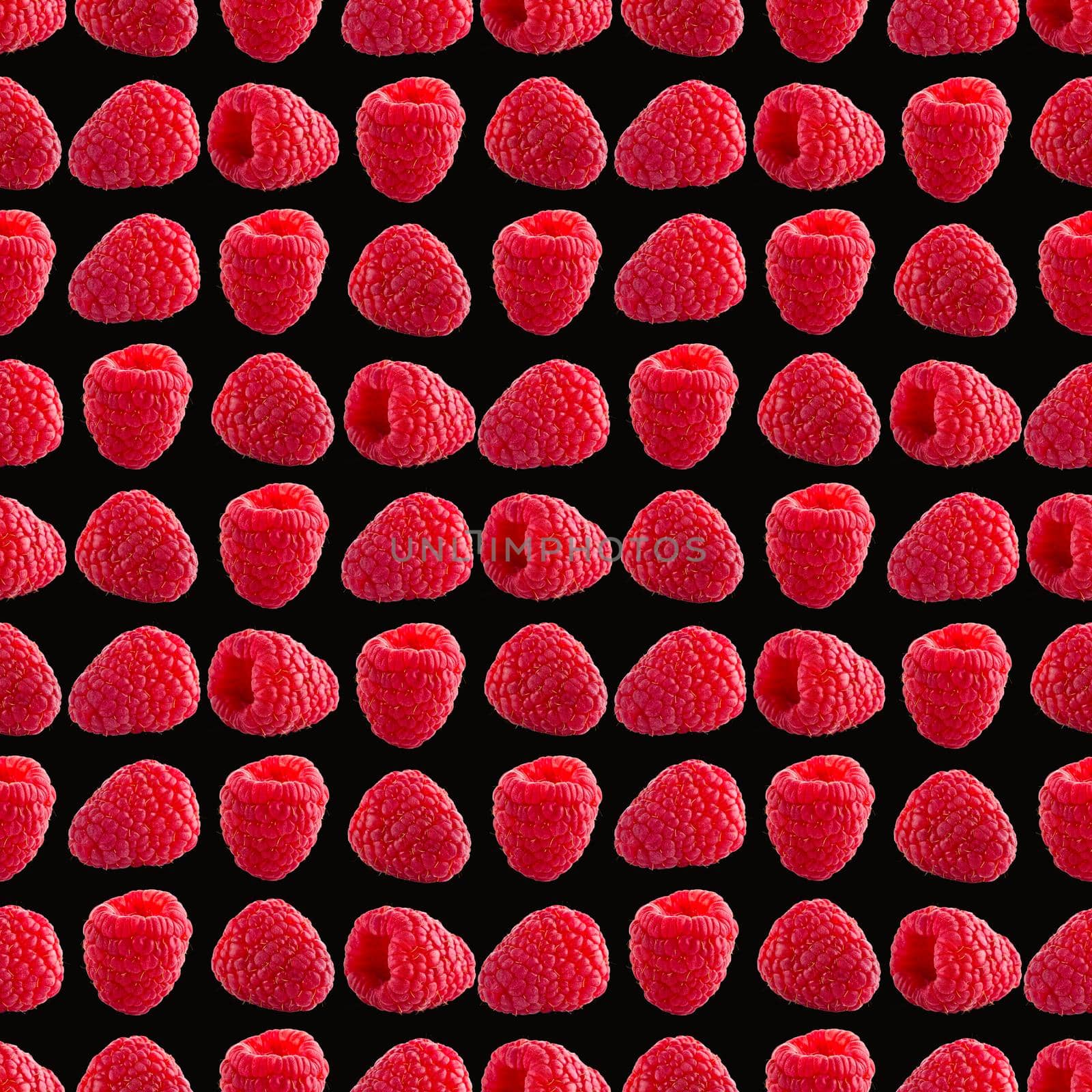 Seamless pattern with ripe raspberry. Berries abstract background. Raspberry pattern for package design with black background.