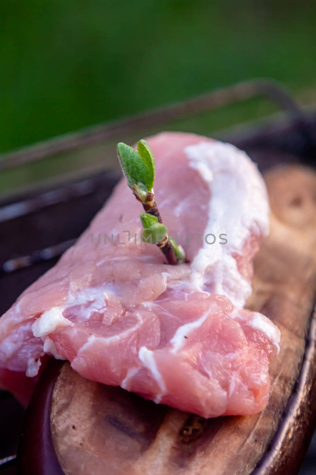 Pieces of the uncooked pork tenderloin with twigs of fresh parsley on a square white dish on the old rustic table.