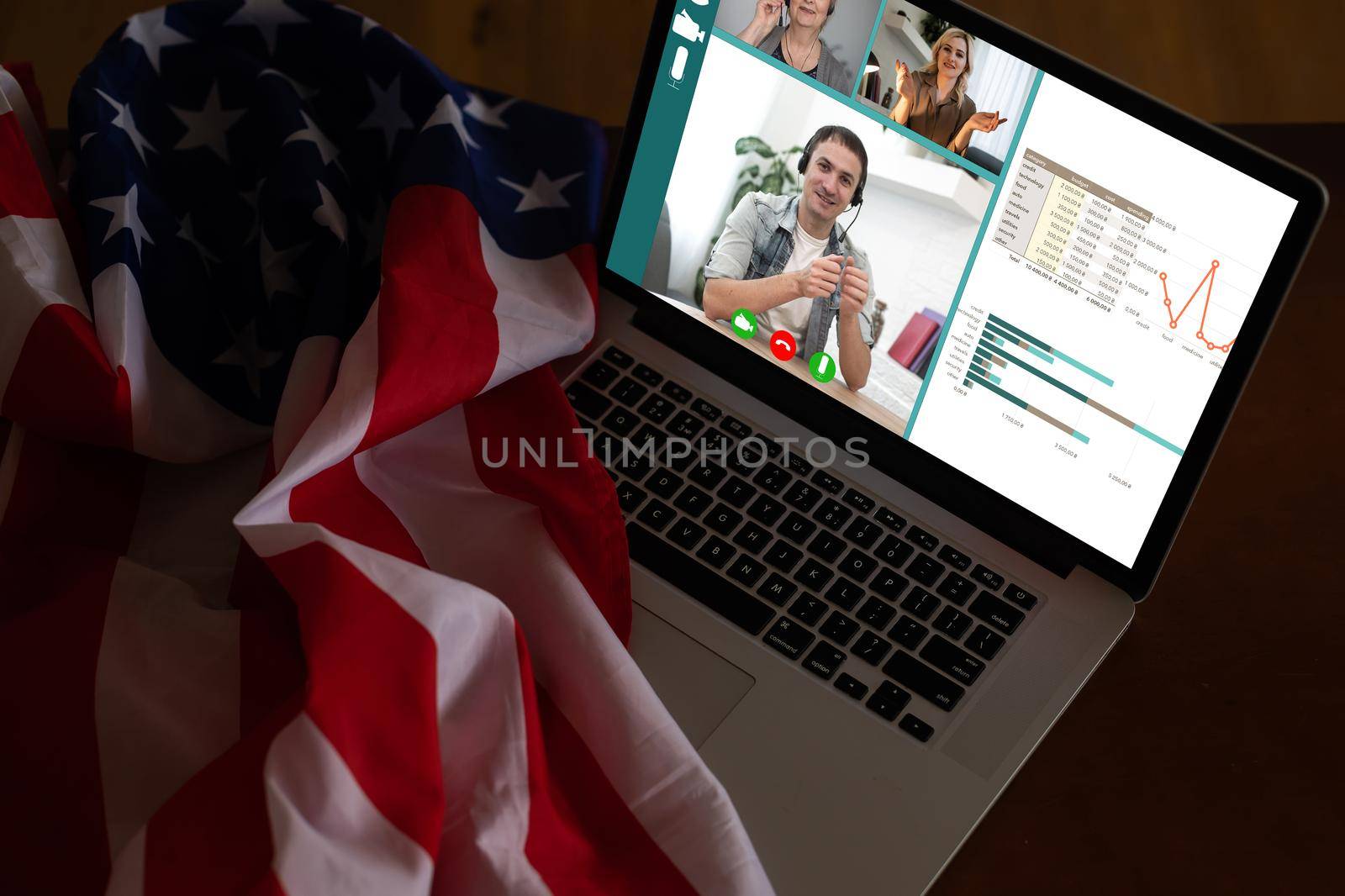 Video Call Chatting Communication Concept. flag of the usa