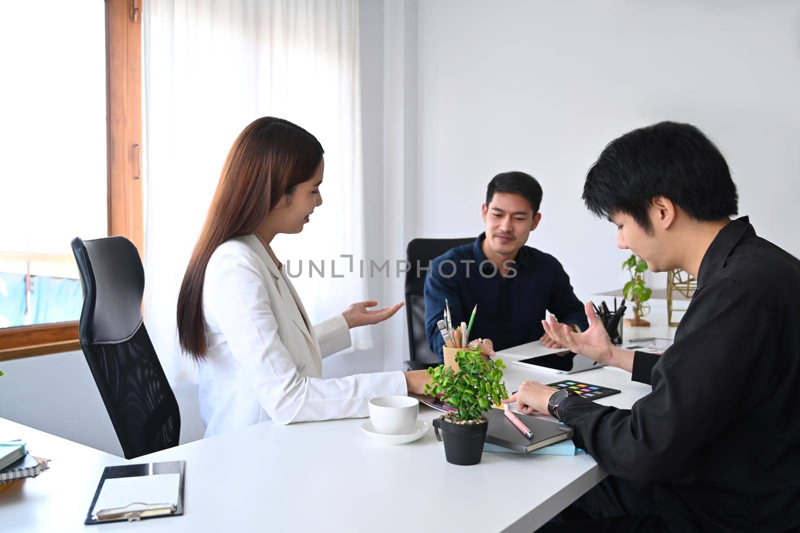 Executive businesswoman negotiating about business project with her business partners.