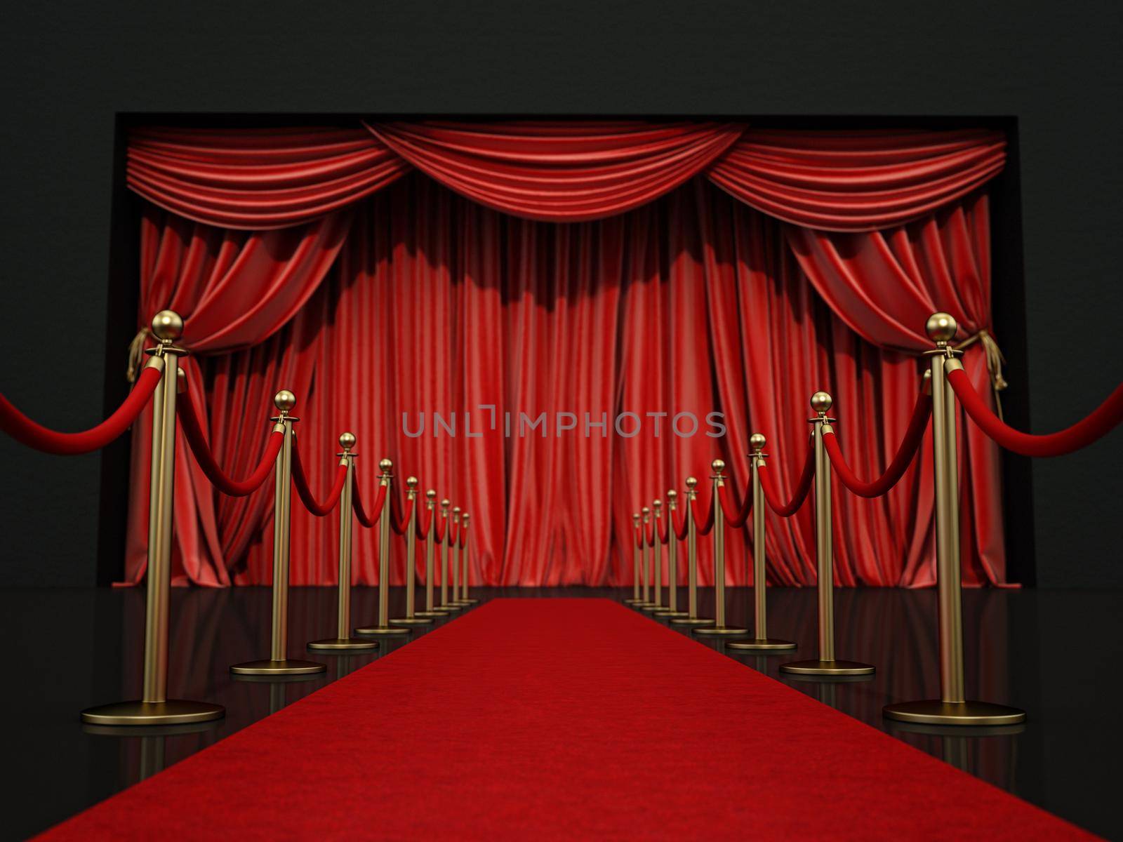 Red carpet and velvet ropes leading to the stage. 3D illustration by Simsek