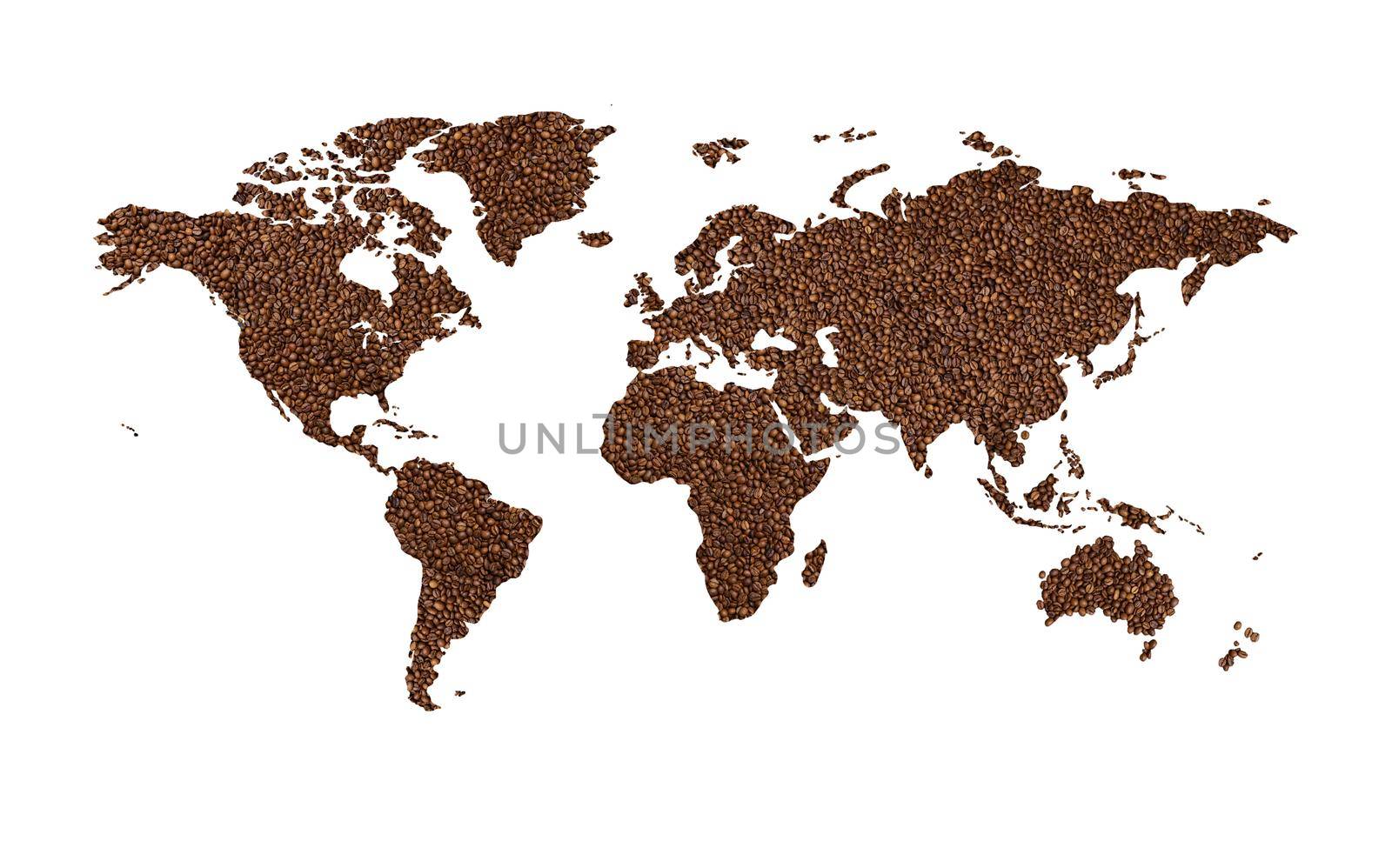 World map from roasted coffee beans on a white background. Coffee consumption around the world. Trade and globalization. Copy space for advertising text