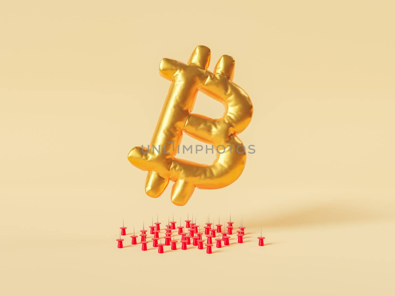 3D rendering of golden bitcoin shaped balloon flying over many sharp pins and avoiding failure against beige background