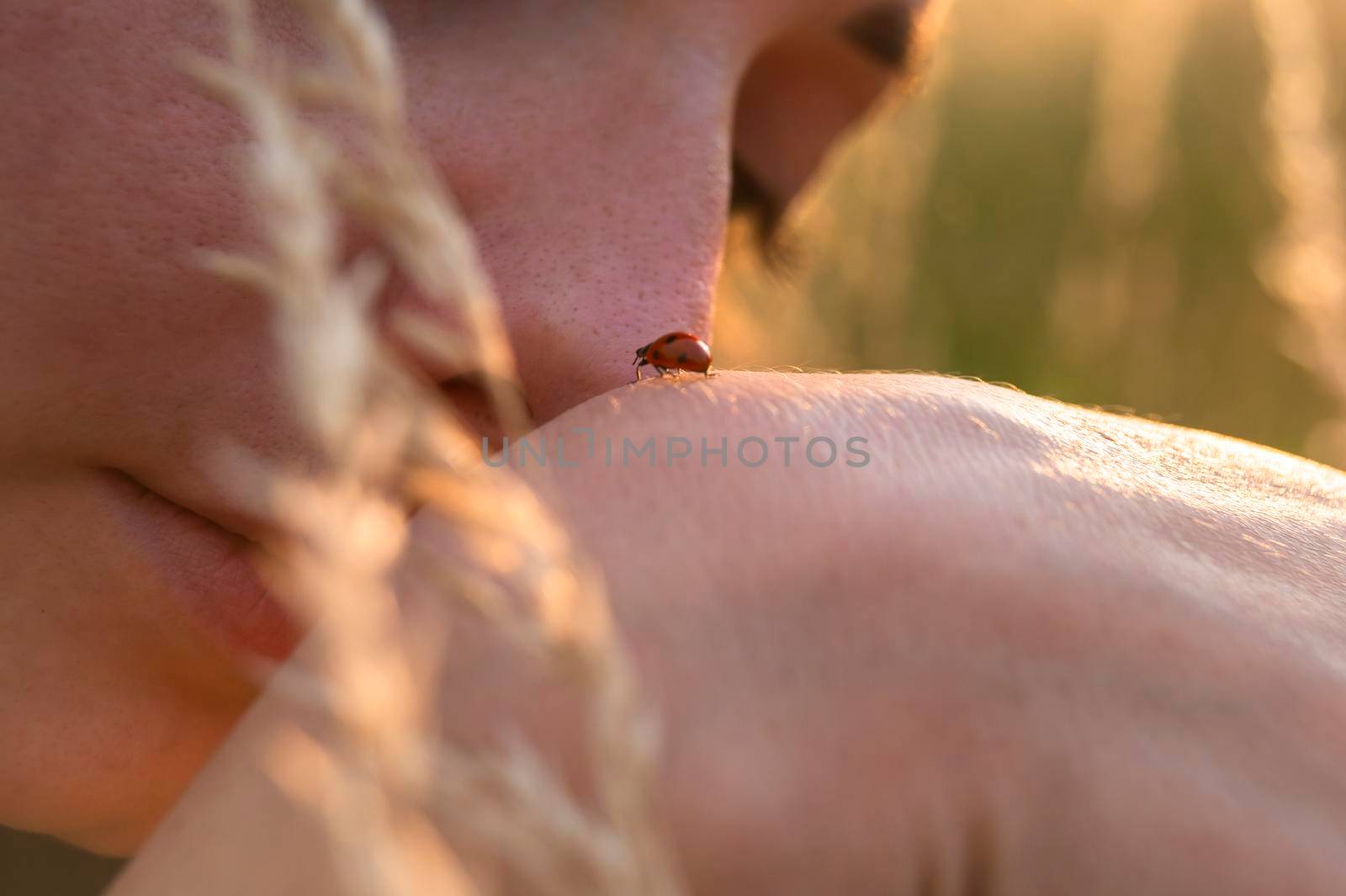 Young woman playing with a cute ladybug in the nature at sunset. Back to the nature concept. Ladybug is walking on the woman hand.