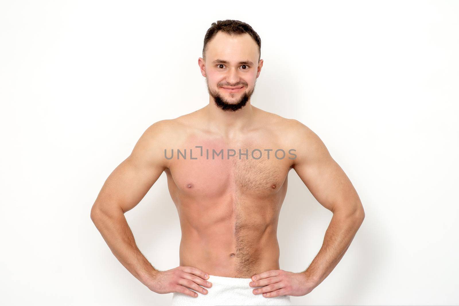 Young caucasian man with bare chested before and after waxing his hair stands on white background