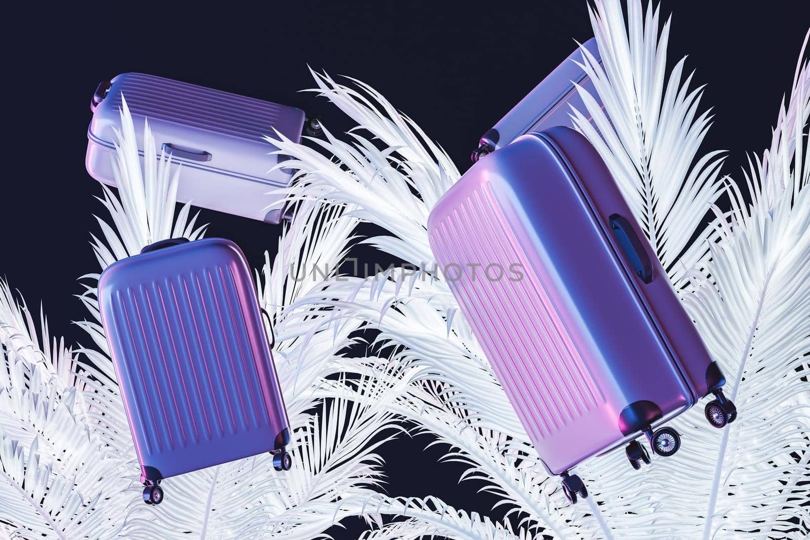 3D rendering modern hard case suitcases floating against white leaves of tropical trees against black background