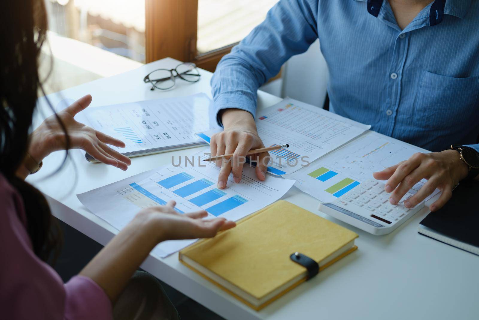 Negotiation, Analysis, Discussion, Portrait of an Asian young economist and marketer pointing to a financial data sheet to plan investments to prevent risks and losses for the company