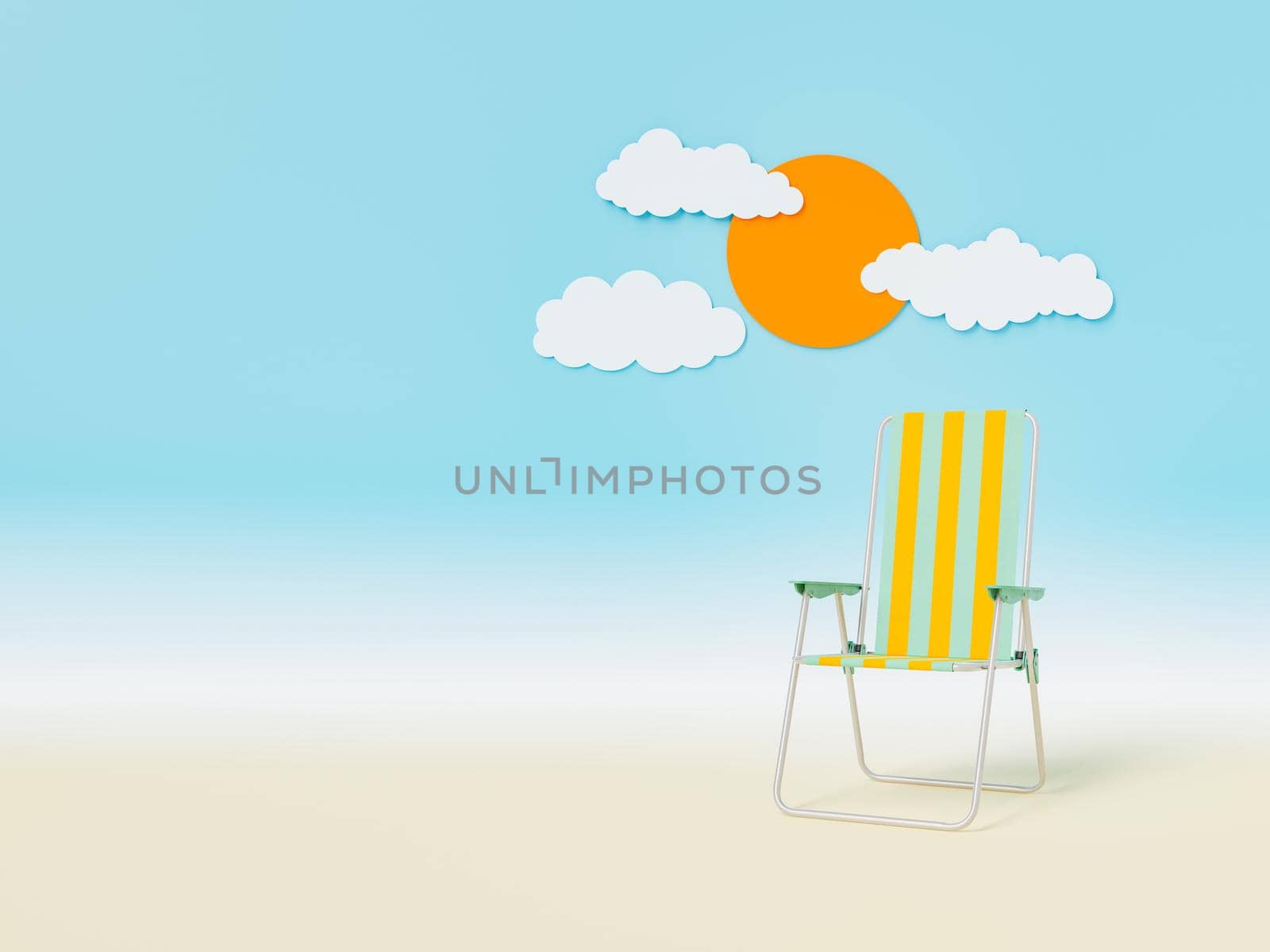3D rendering of striped deckchair located on sandy beach against blue sky with sun and clouds during summer vacation
