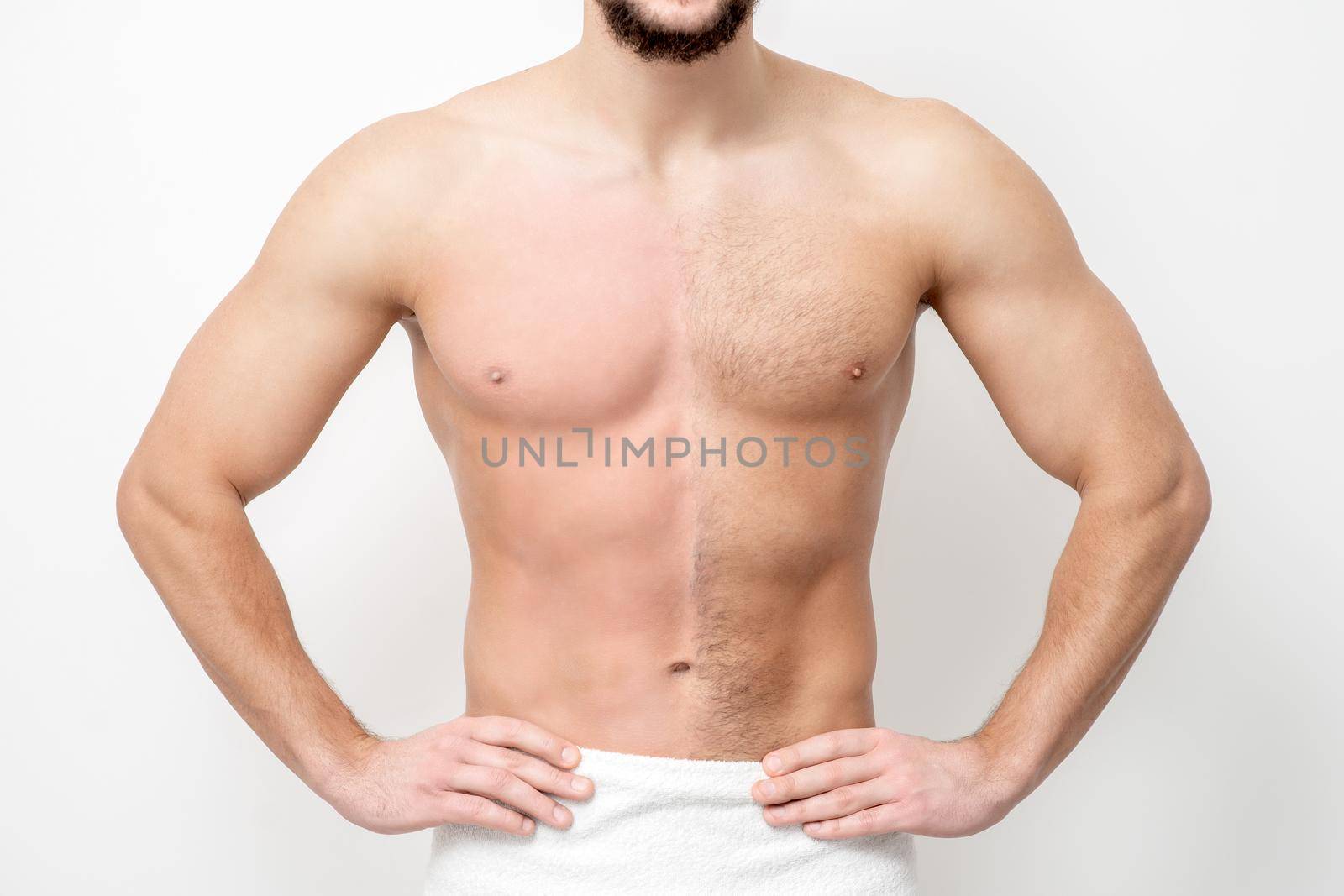 Young caucasian man with bare chested before and after waxing his hair stands on white background