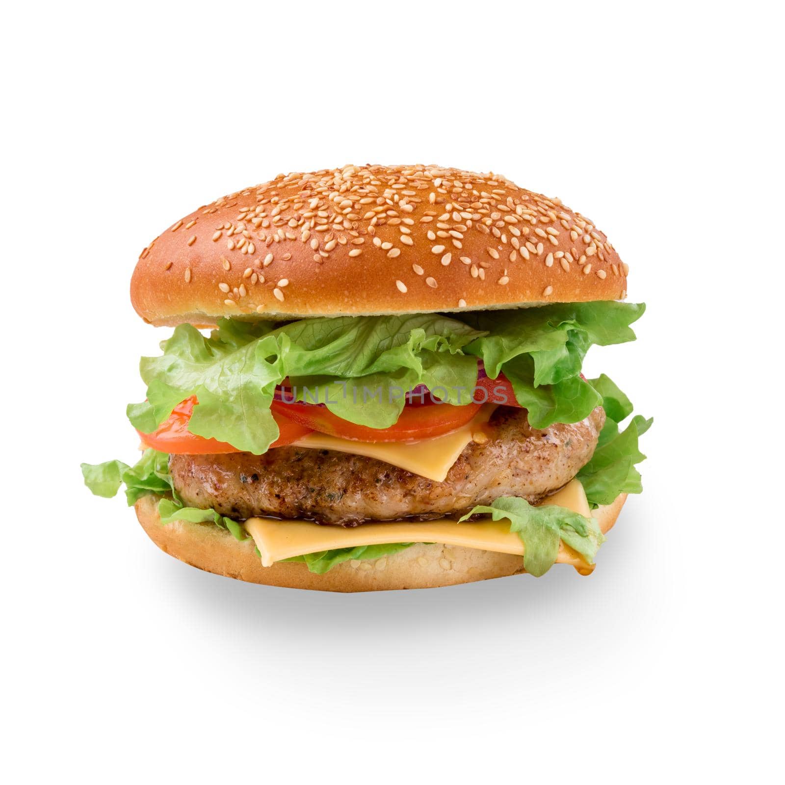 Tasty hamburger on white background. Copy space to place text, close up