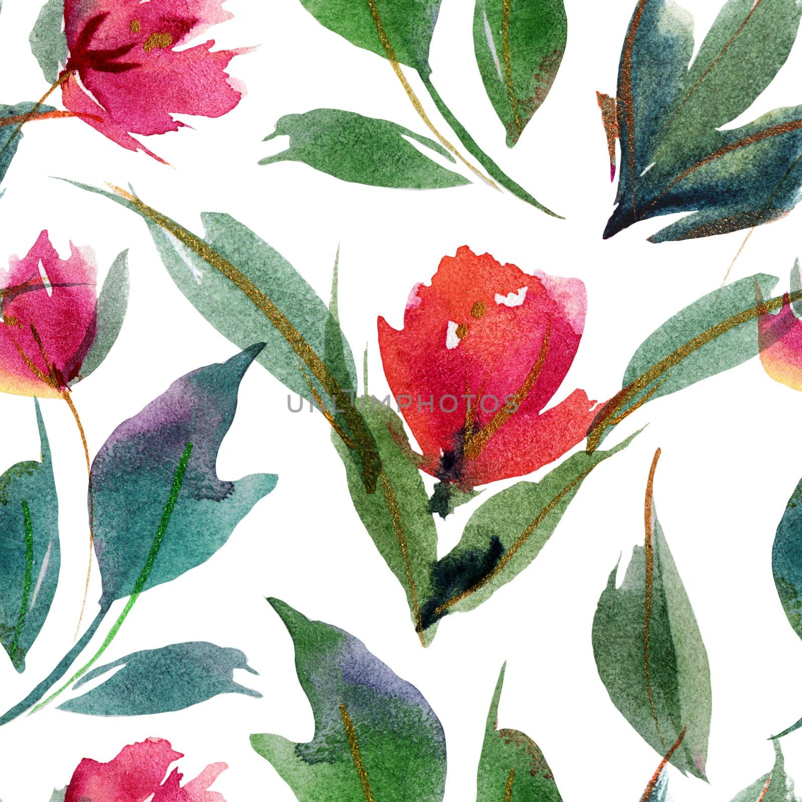 Peony Leaves ans Buds. Botanical watercolor seamless pattern. Floral ditsy decor