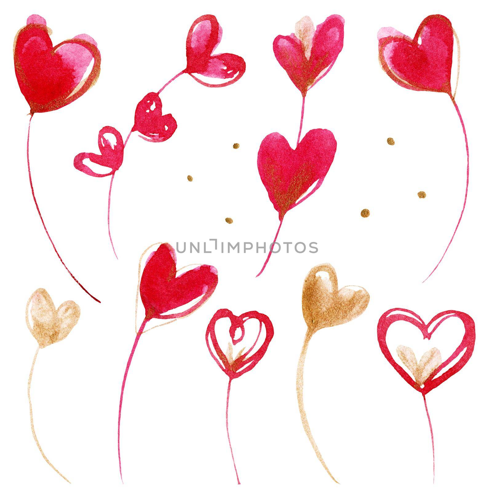 Pink hearts. Set of romantic watercolor elements by Xeniasnowstorm