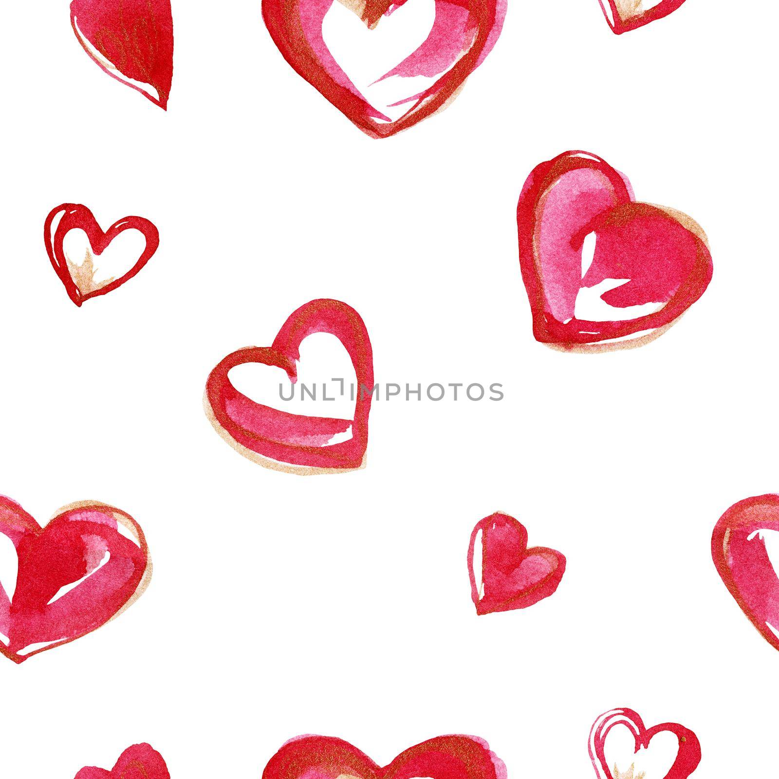 Romantic seamless pattern with bright pink and golden watercolor hearts