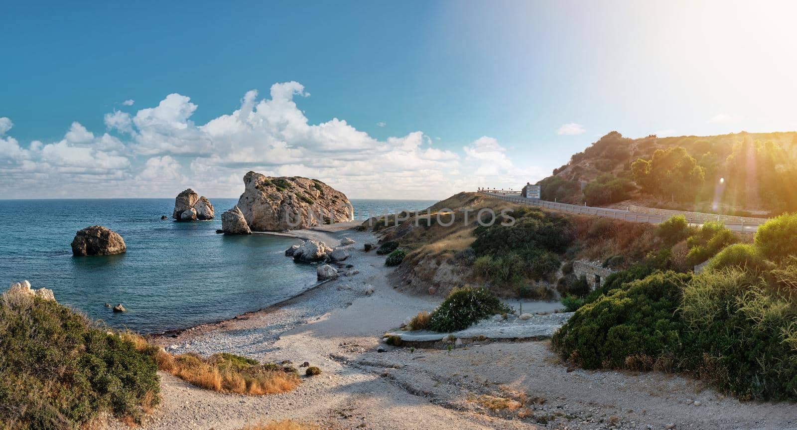 Panoramic shot of the coast of Aphrodite's birthplace near Paphos city, Cyprus. A popular holiday destination. Tourism, vacation, traveling concept. by nazarovsergey