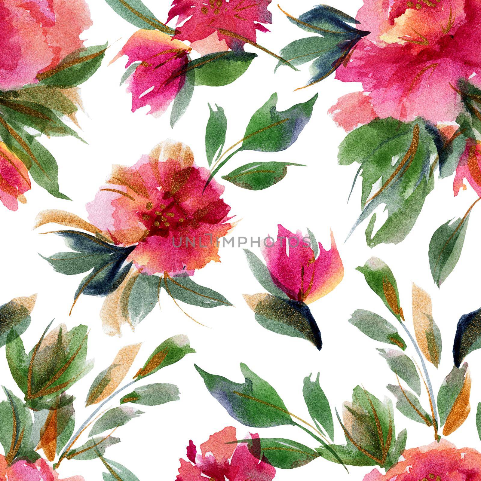 Pink Peony botanical watercolor seamless pattern by Xeniasnowstorm