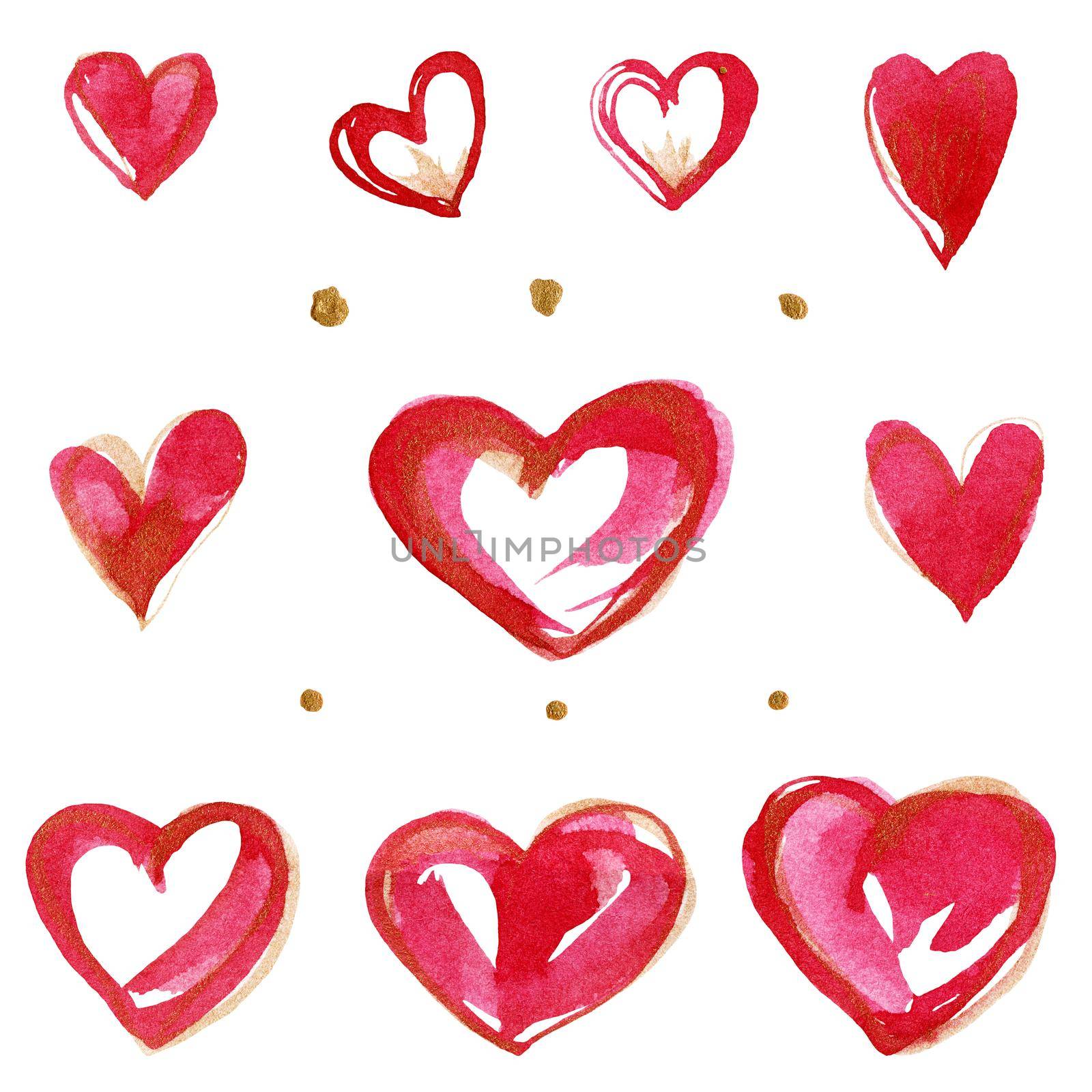 Pink hearts and golden dots. Set of romantic watercolor elements with clipping path