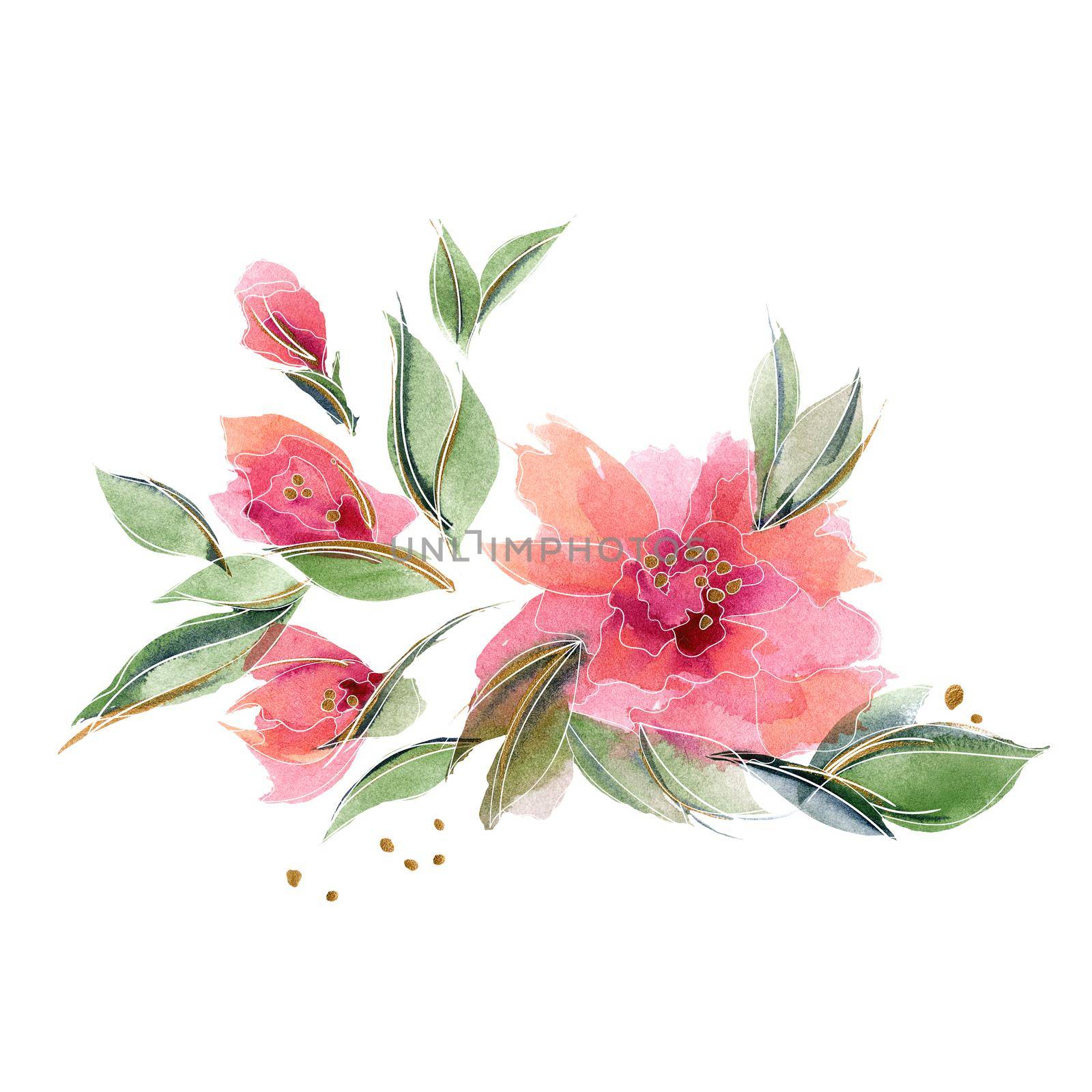 Pink floral composition with delicate fragrant rose flowers. Spring mood with watercolor ditsy bouquet