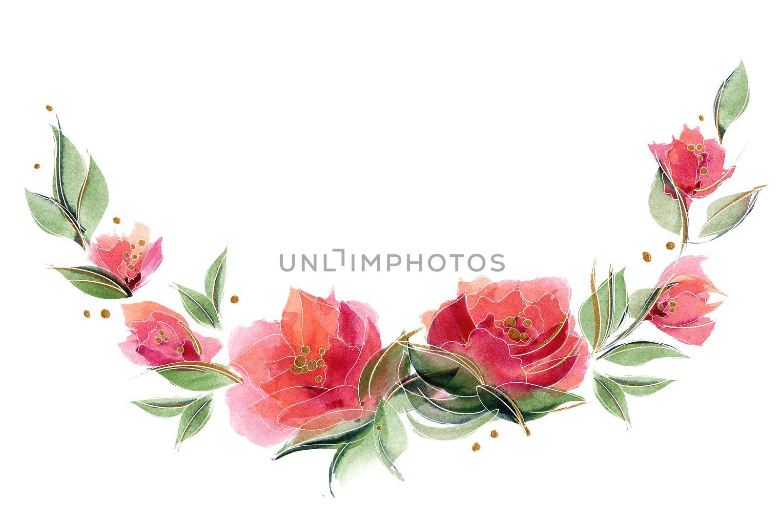Pink floral ditsy rose garland. Spring mood with chaplet composition of watercolor delicate pink flowers