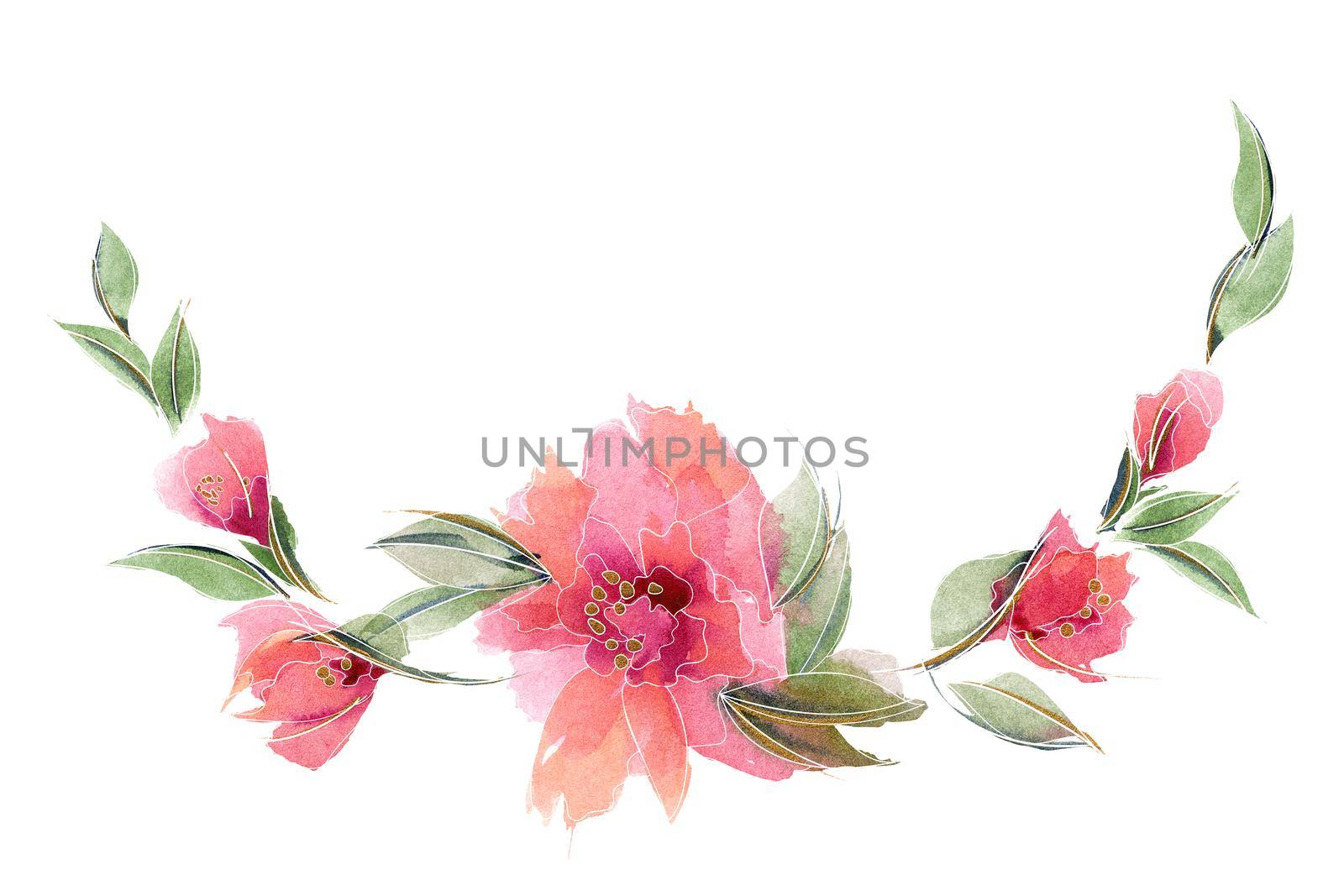 Pink floral ditsy rose garland. Spring mood with chaplet composition of watercolor delicate pink flowers