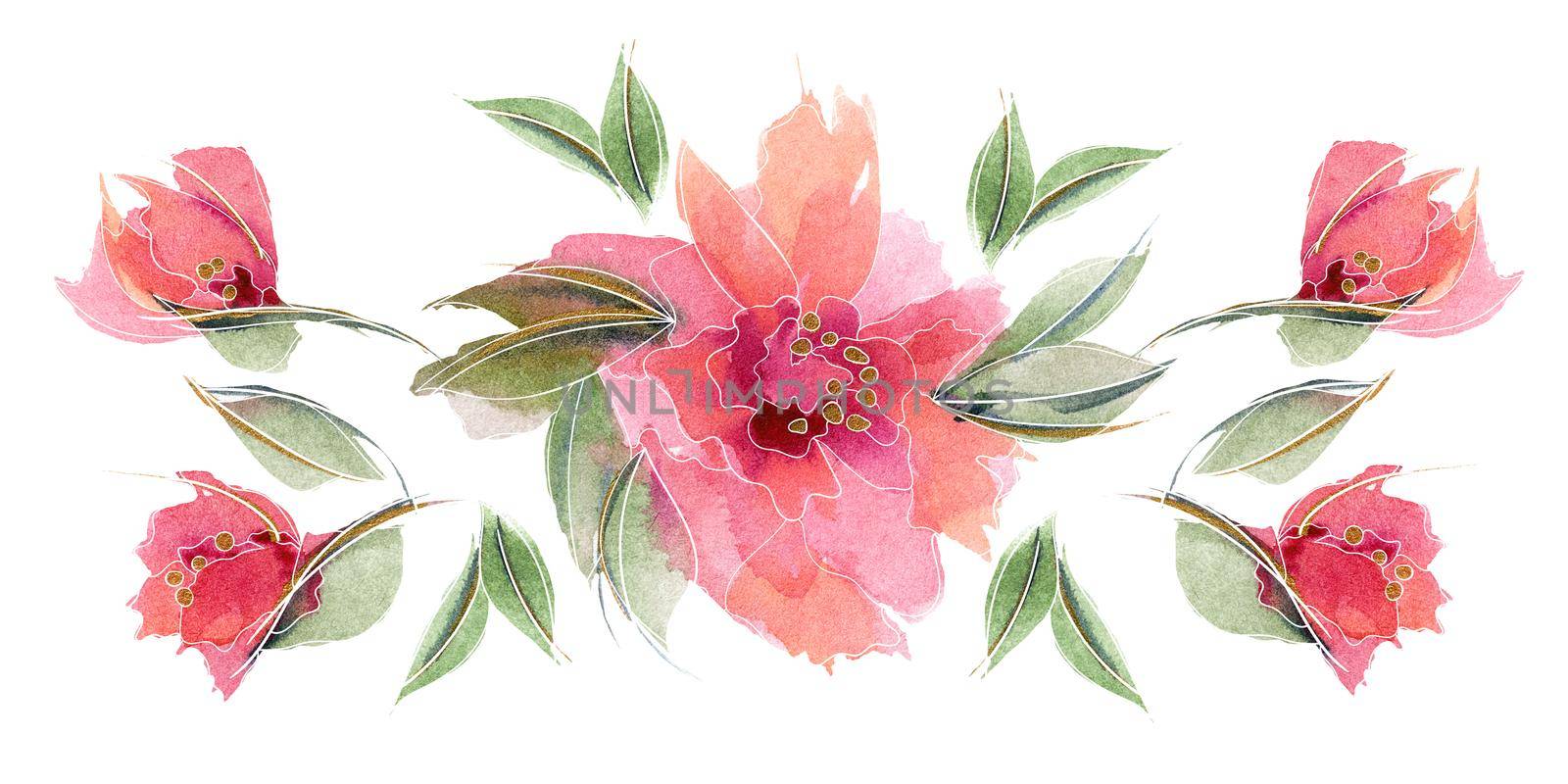 Spring mood with nature ditsy watercolor garland. Pink floral chaplet composition with delicate rose flowers and leaves