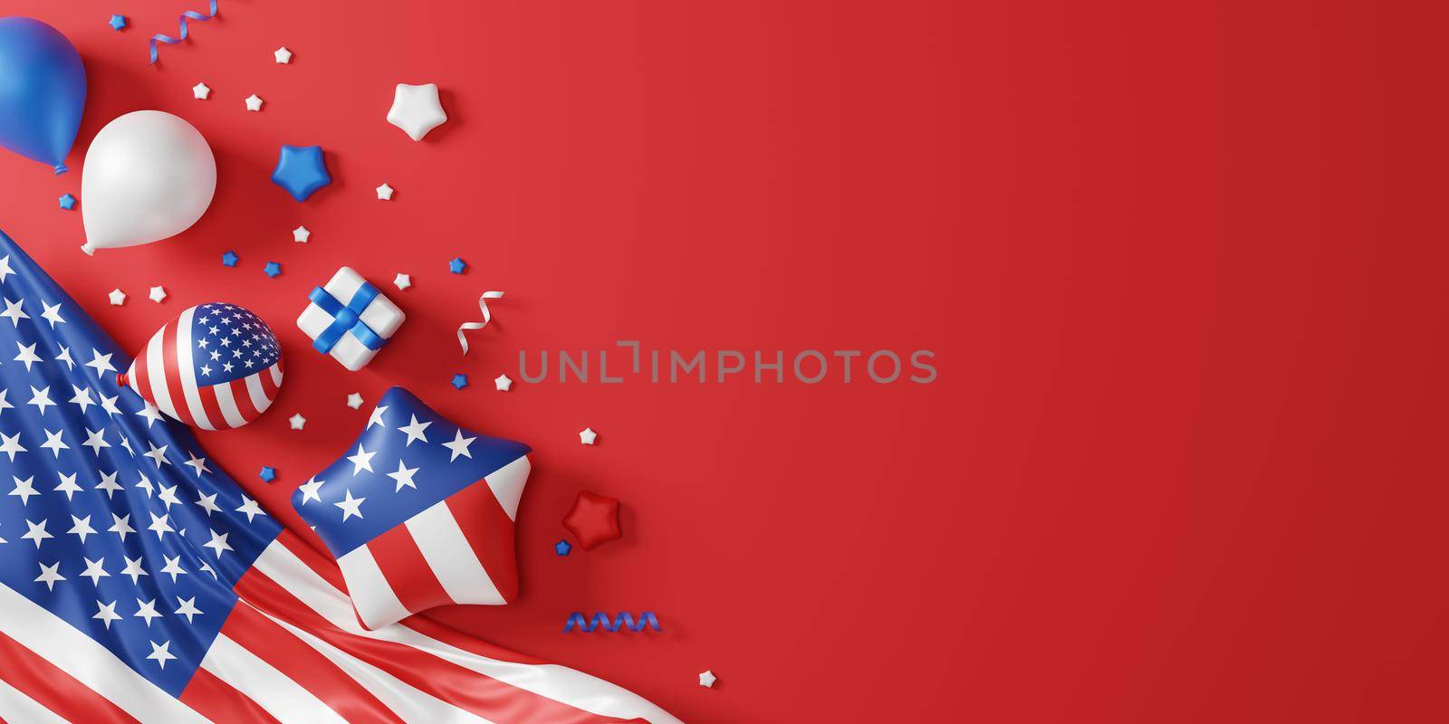 4th of july usa Independence day labor day and memorial day banner design of american flag and balloon with gift box 3D render by Myimagine