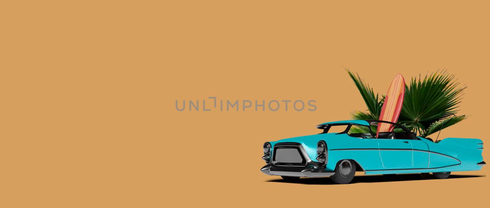 Funny retro car with surfboard, suitcases and palms. Unusual summer travel 3d illustration. Summer vacation concept