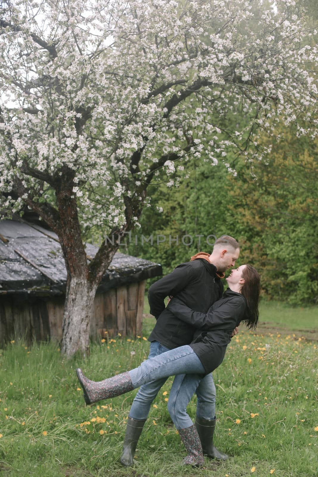 Sensual woman and man in cherry bloom. Couple in love in blossoming garden in spring. Love and romance, relationship, happy family outdoors by paralisart