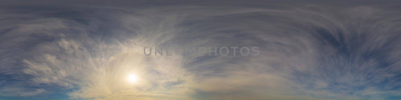 Panorama of a dark blue sunset sky with golden Cumulus clouds. Seamless hdr 360 panorama in spherical equiangular format. Full zenith for 3D visualization, sky replacement for aerial drone panoramas. by Matiunina