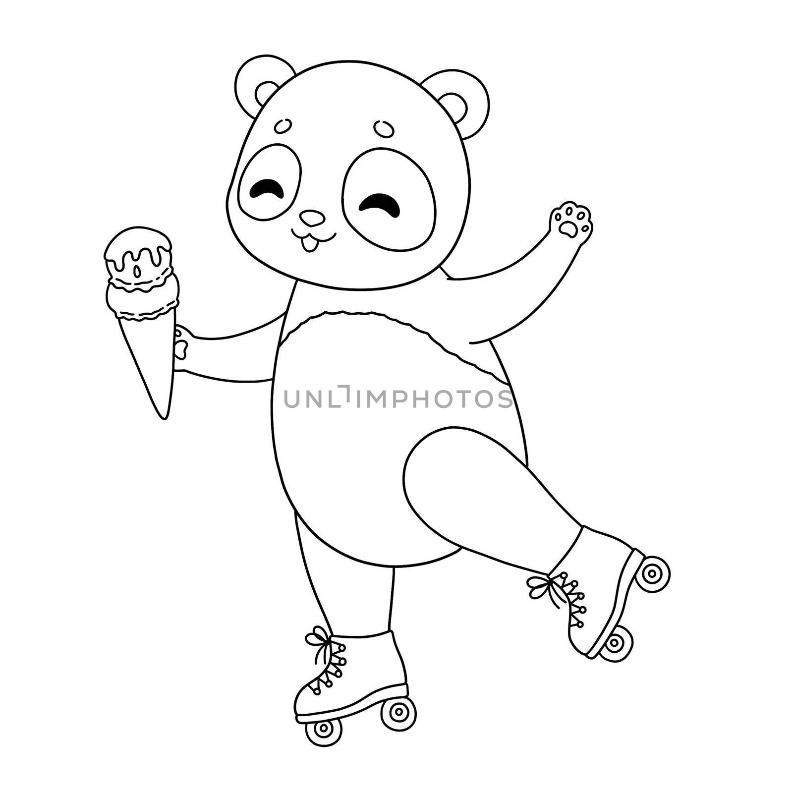 Summer time panda on rollers with ice cream coloring page illustration