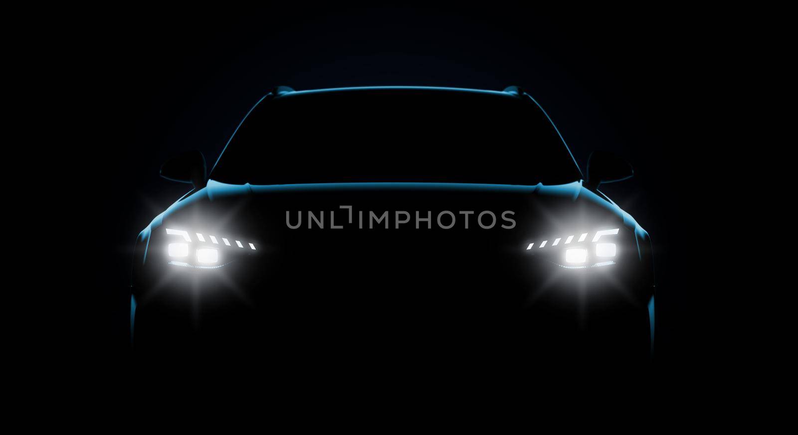 Front view with headlights of a generic and unbranded car. 3D illustration