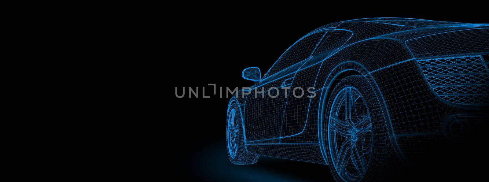 Wireframe of a generic and unbranded sport car. 3D illustration