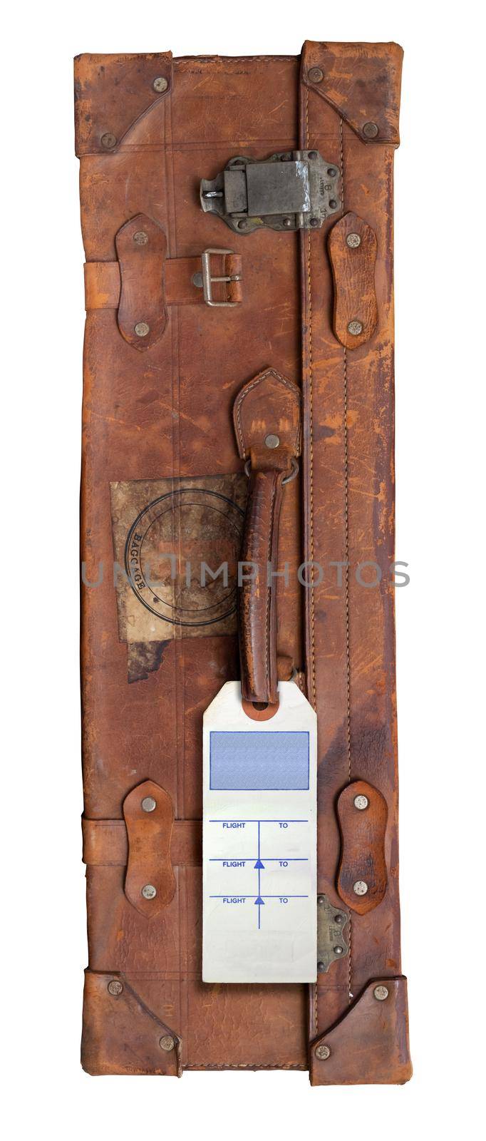 Retro Vintage Old Brown Suitcase With A Blank Luggage Tag Or Label, Isolated On A White Background