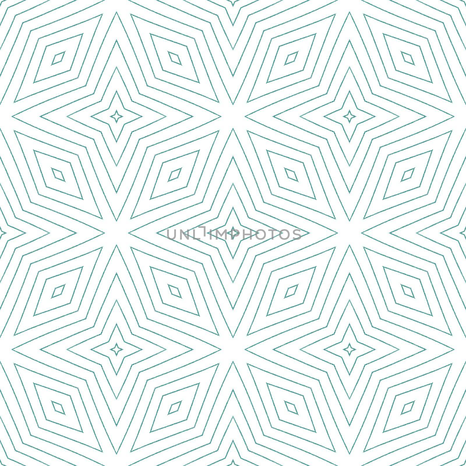 Ikat repeating swimwear design. Turquoise symmetrical kaleidoscope background. Textile ready good-looking print, swimwear fabric, wallpaper, wrapping. Summer ikat sweamwear pattern.
