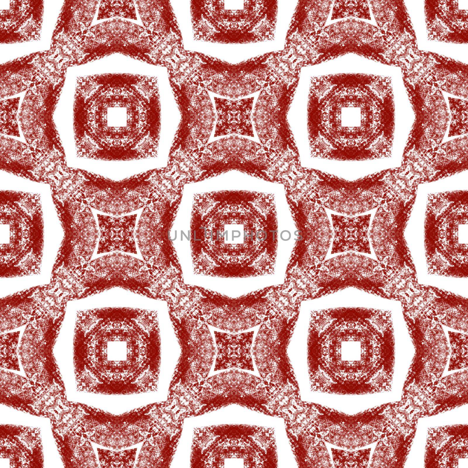Exotic seamless pattern. Wine red symmetrical kaleidoscope background. Summer swimwear exotic seamless design. Textile ready alluring print, swimwear fabric, wallpaper, wrapping.