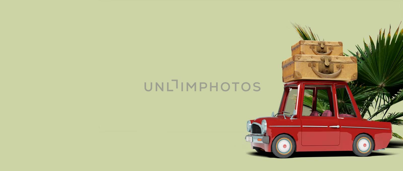 Red retro car with luggage on the roof ready for summer travel. Copy space. 3d rendering