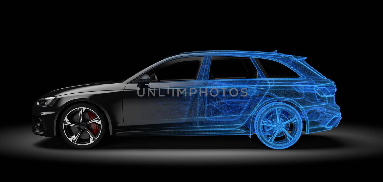 Black and wireframe generic and unbranded car. 3D illustration by cla78