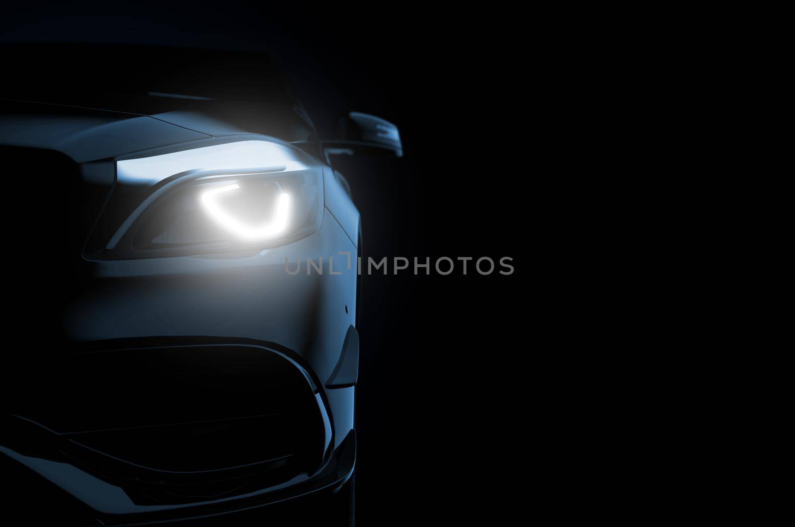Close up on headlight of a generic and unbranded car. 3D illustration by cla78