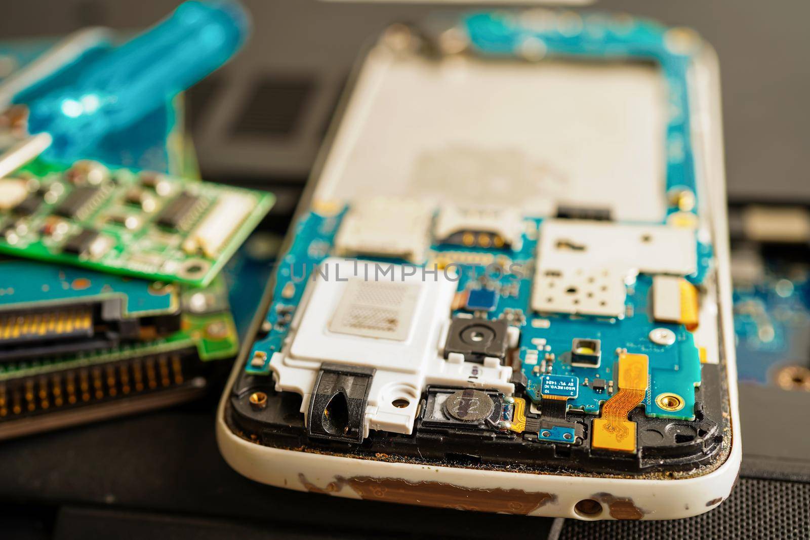 Repairing and upgrade mobile phone, electronic, computer hardware and technology concept.