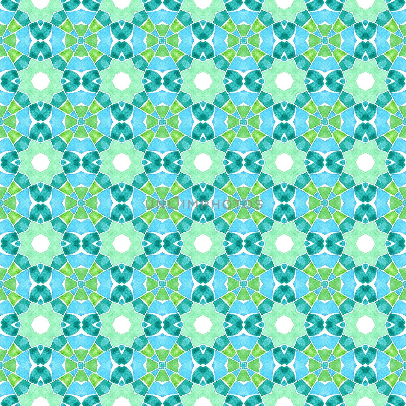 Textile ready divine print, swimwear fabric, wallpaper, wrapping. Green splendid boho chic summer design. Mosaic seamless pattern. Hand drawn green mosaic seamless border.