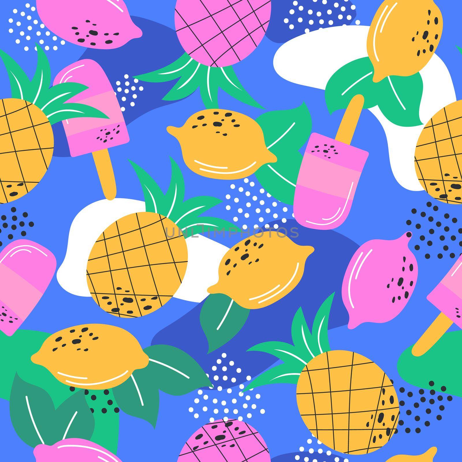 Multicoloured summer fruits seamless pattern for wallpaper in modern colors. Repeat fabric for clothes, bags. Lemon, ice cream, pineapple