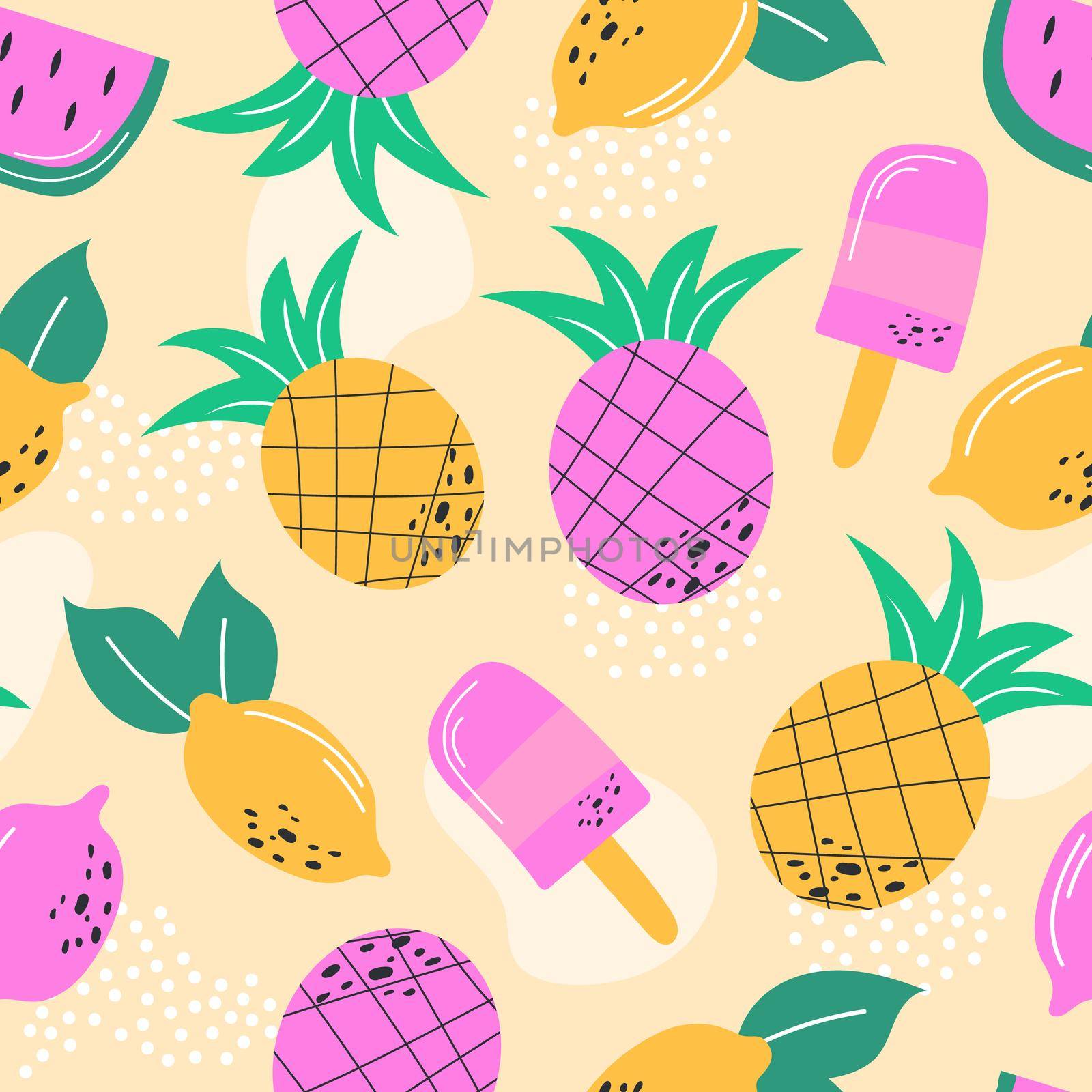 Multicoloured summer fruits seamless pattern for wallpaper, wrapping and textile. Repeat fabric for clothes, bags. Lemon, ice cream, pineapple