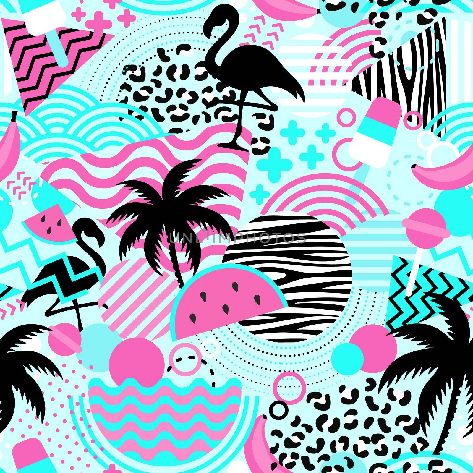 Seamless pattern with flamingos and palms. Exotic Hawaii background by natali_brill