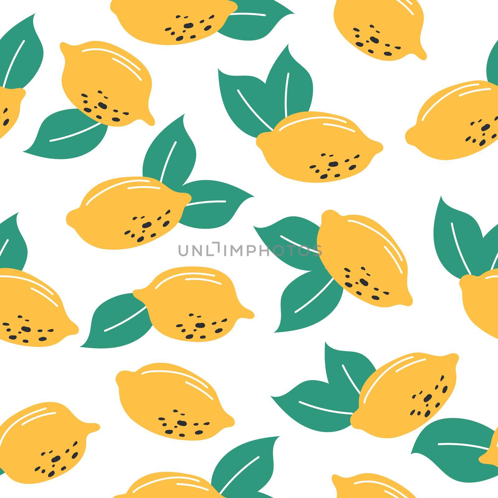 Fresh lemons background. Hand drawn colorful wallpaper vector. Seamless pattern with citrus fruits collection. Decorative illustration on white