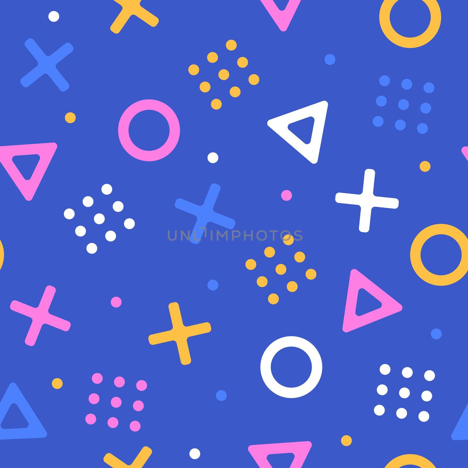 Geometric seamless pattern on blue background. Triangles, plus, circles in modern colors