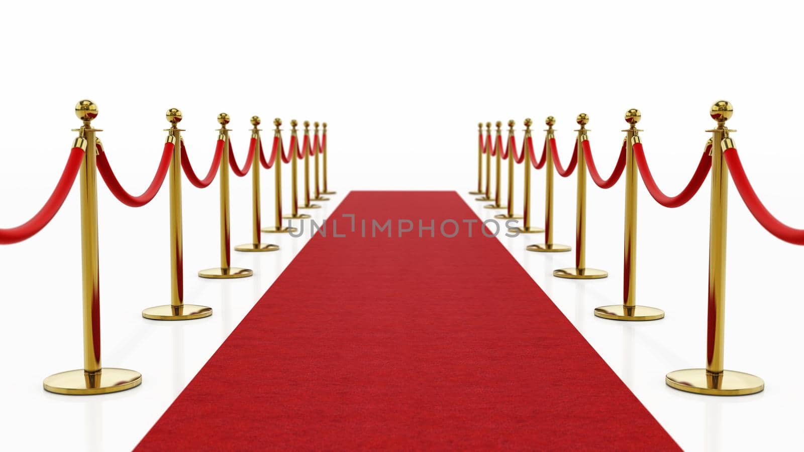 Red carpet and velvet ropes isolated on white background. 3D illustration.