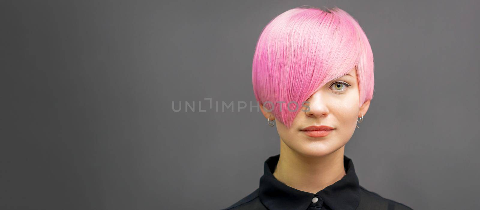 Woman with short bright pink hair by okskukuruza